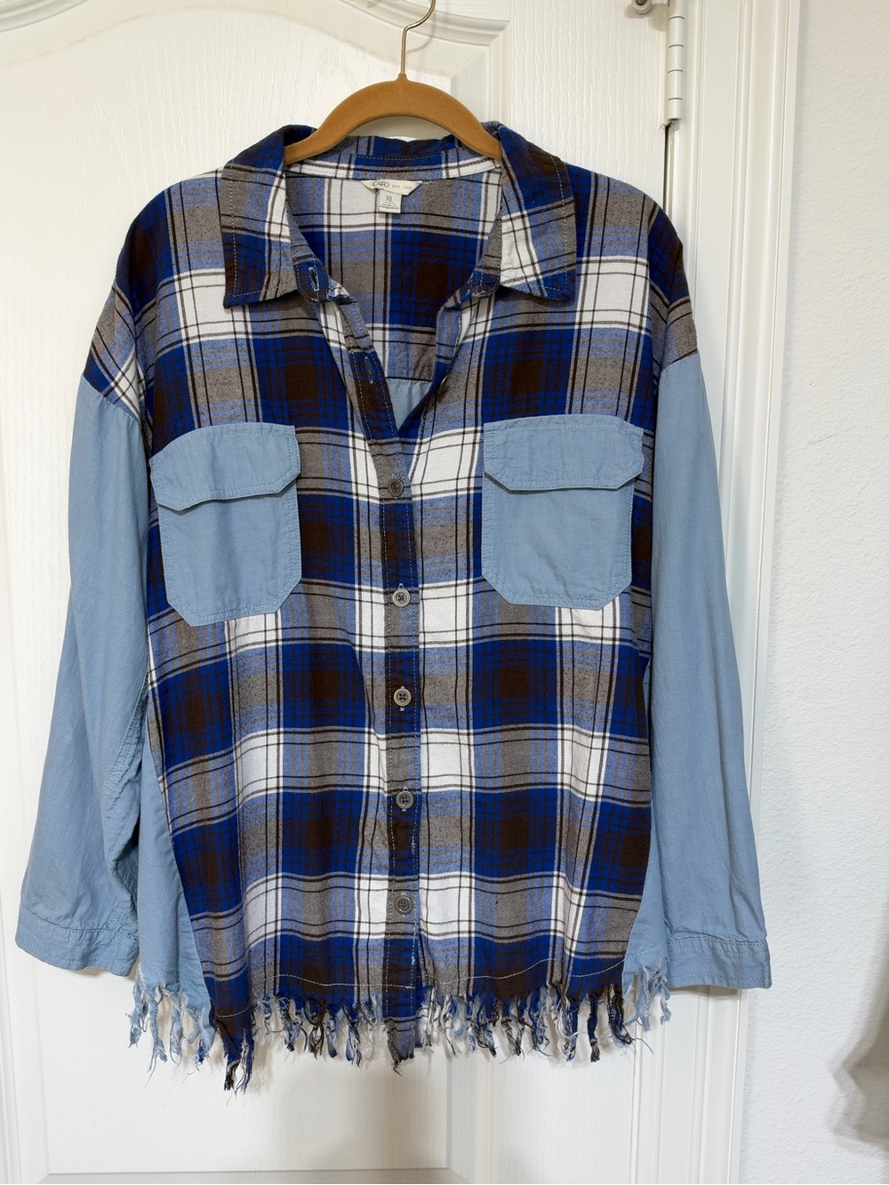 Cato Blue Plaid Button-Down Shirt with Light Blue Sleeves